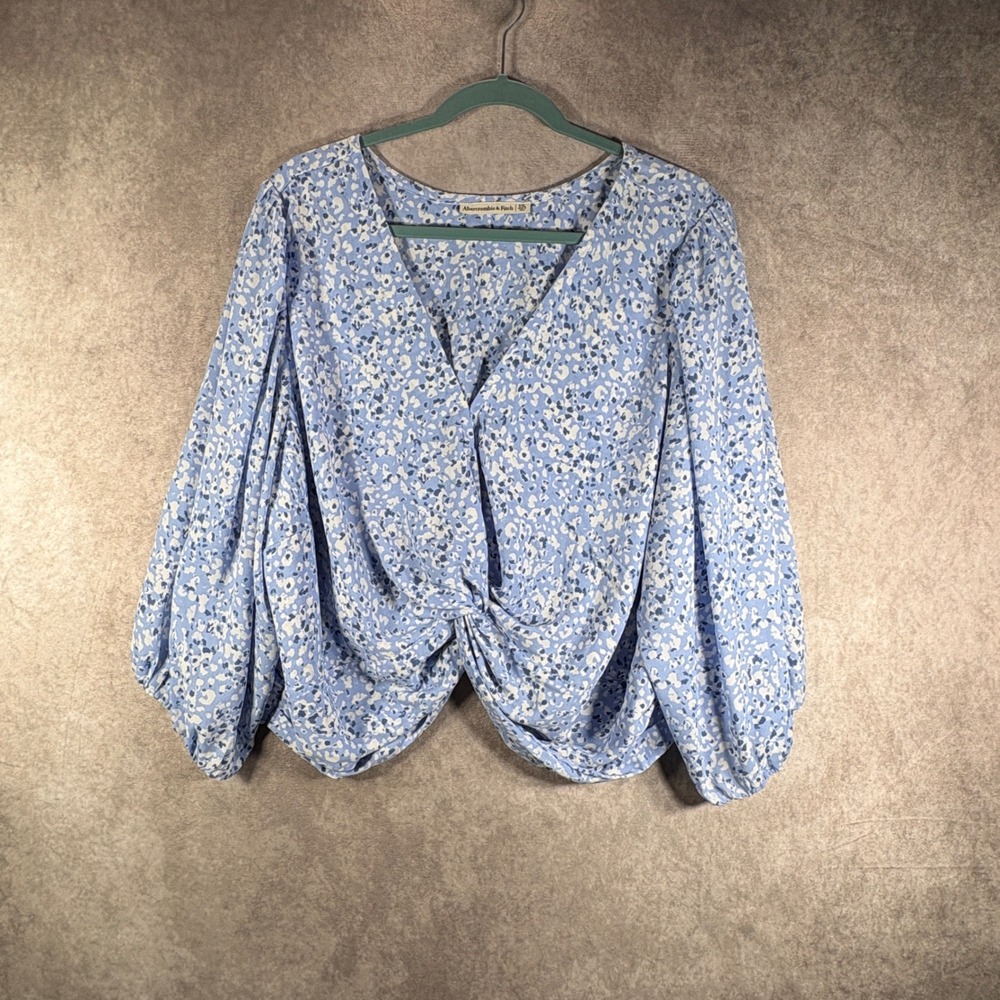 Abercrombie & Fitch Blouse Womens XXL Blue Floral Twist Front Balloon Sleeve Top